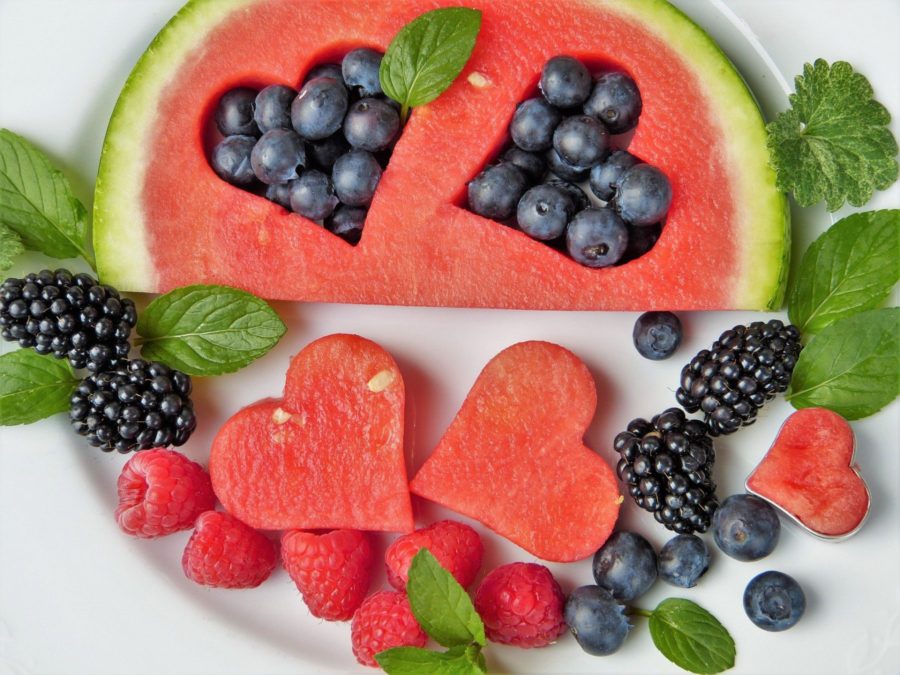 plate of watermelon, blueberries, raspberries and blackberries for heart health