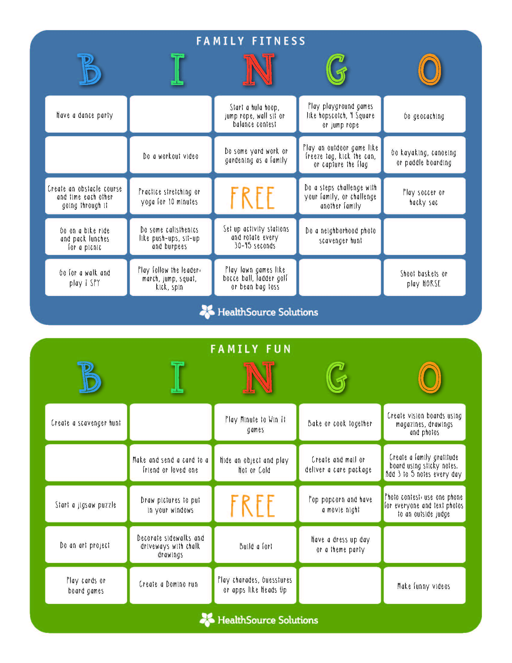 Family Activity Bingo Cards