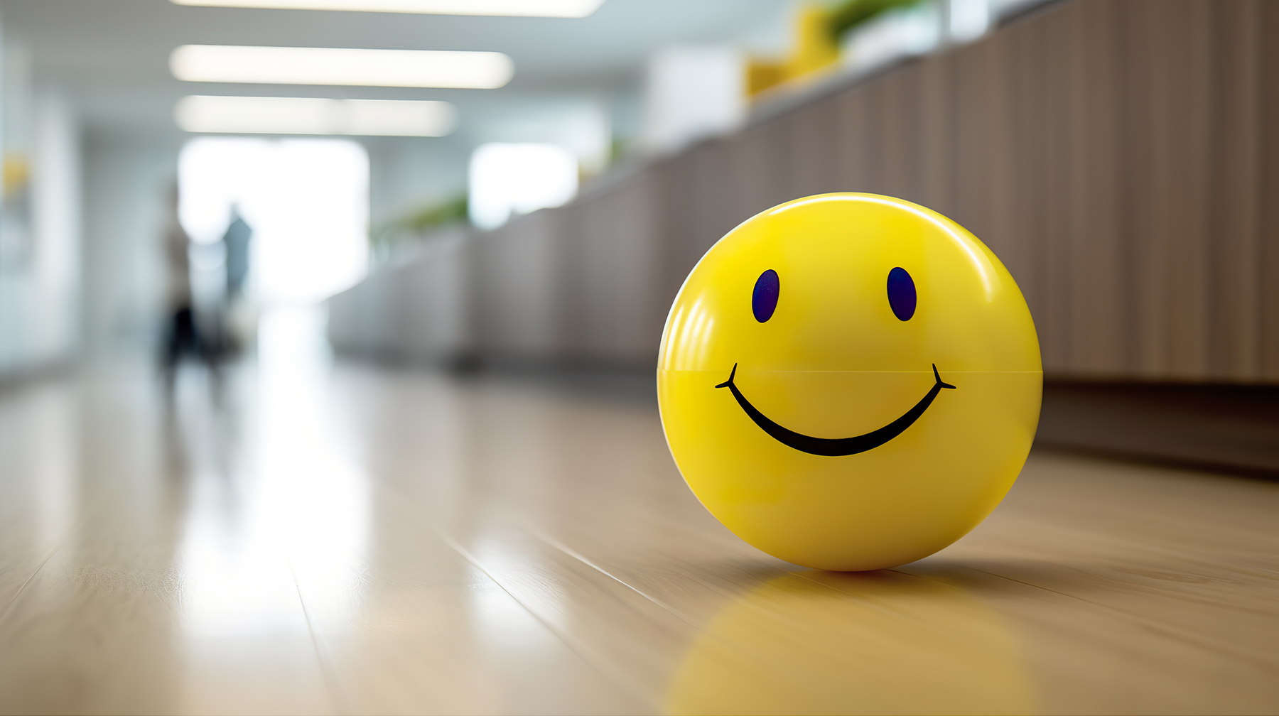 yellow ball with smiling face in foreground of office space on floor