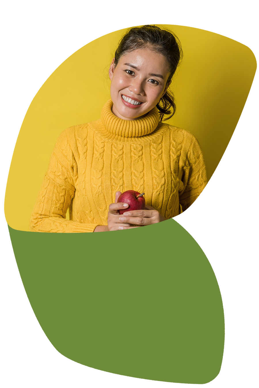 Petal shaped image with woman in yellow sweater on yellow background with red apple
