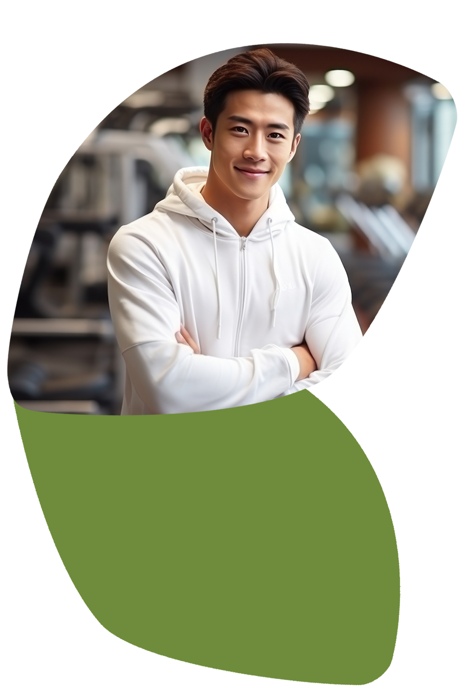 young man with arms crossed, wearing white sweatshirt standing in front of workout equipment blurred in background