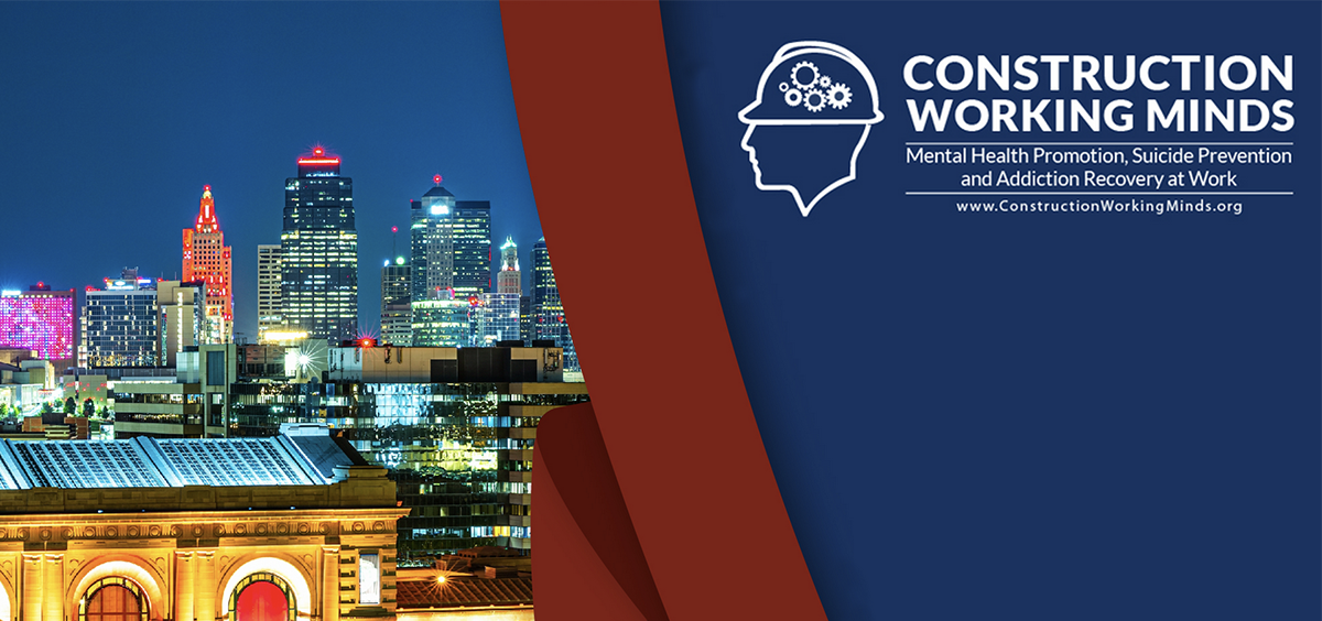 promo banner for the construction working minds conference with nighttime image of Kansas City downtown.