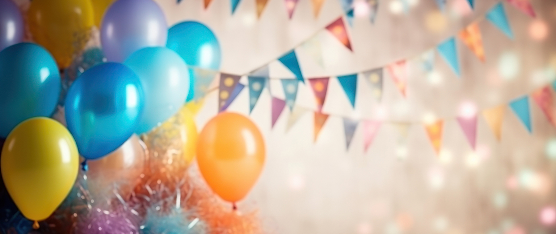 Birthday party background with balloons, streamers and confetti.