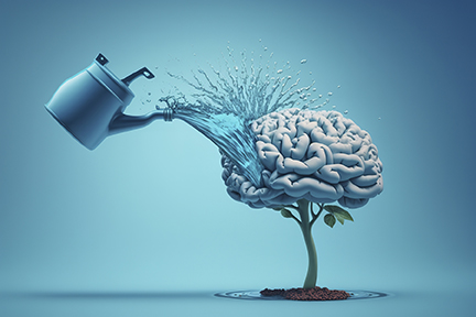 graphic illustration of Human brain growing from a flower, watering can is pouring water
